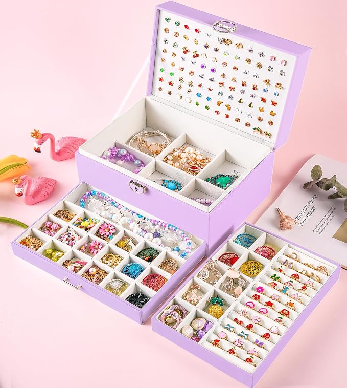 QBestry Earrings Jewelry Box for Girls, 5 Layers Jewelry Organizer with Earring Holder Organizer for Girls Earring Organizer Jewelry Boxes for Women Earrings and Necklaces Jewelry Box Organizer Violet - Image 3