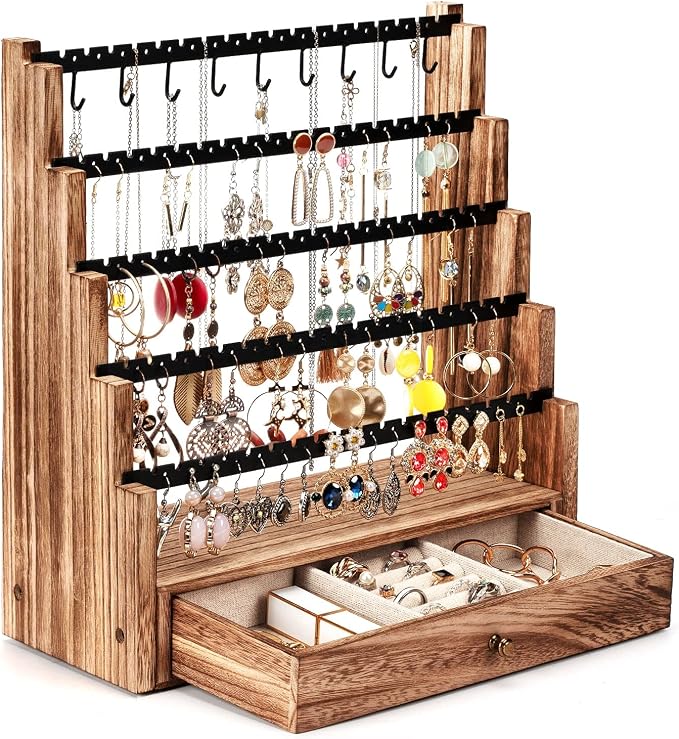 Pinzoveco Earring Organizer, 5 Layer Earring Holder Organizer with Necklace Holder Pole, Rustic Wood Jewelry Organizer Stand Display for Stud Earring Bracelet Necklace Ring, 175 Earring Holes by Pinzoveco