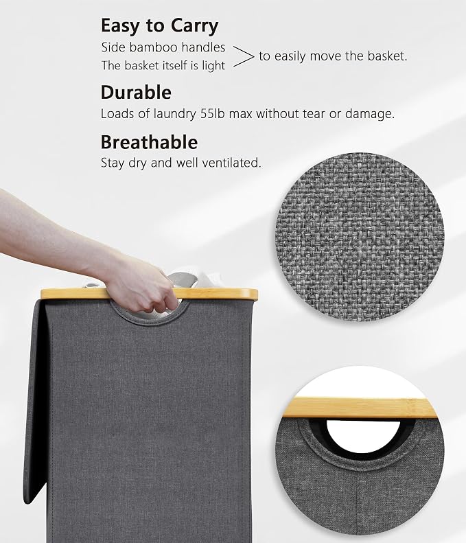 SUOCO Laundry Hamper with Lid, 29 Gal (110L) Clothes Basket with Bamboo Handles, Large Foldable Laundry Hamper for Bedroom, Bathroom, Dorm, Laundry Room - Grey - Image 7