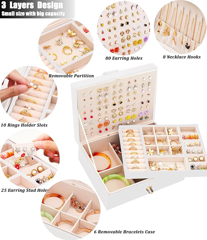 QBestry Girls Jewelry Box for Earrings Jewelry Organizer Box Teen Girls Earrings Organizer Jewelry Box Earring Holder Organizer Stud Earring Box for Girls Womens Jewelry Case Organizer White - Image 3