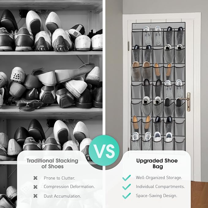 WVM Over the Door Shoe Organizer with 35 Breathable Mesh Pockets, Hanging Shoe Organizer for Door with 4 Metal Hooks, Large Capacity Closet Storage for Shoes, Accessories, Grey - Image 4