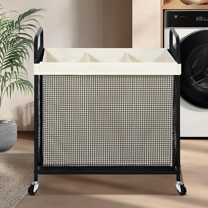 STO STO Laundry Hamper 3 Section, 120L Rolling Laundry Sorter Cart with Removable and Washable Liner Bag, Clothes Hamper with Wheels and Metal Handle for Laundry Room and Bedroom - Image 2