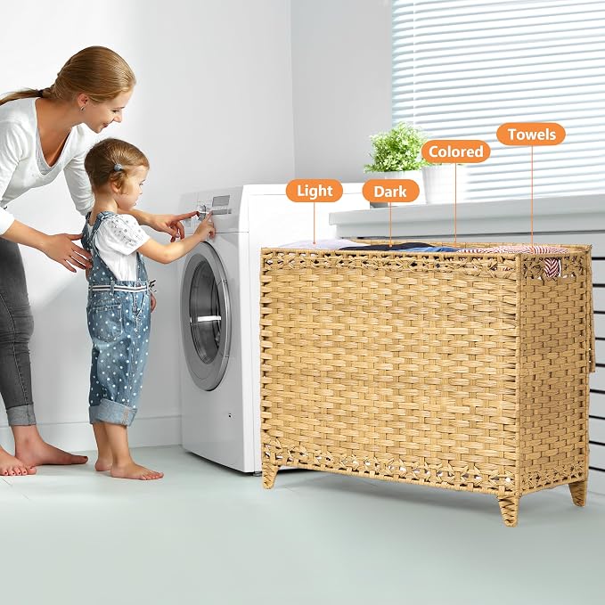 Laundry Hamper with 4 Removable Liner Bags; 176L Handwoven Rattan Laundry Basket with Lid & Heightened Feet; Clothes Hamper with Side Handles - Image 2