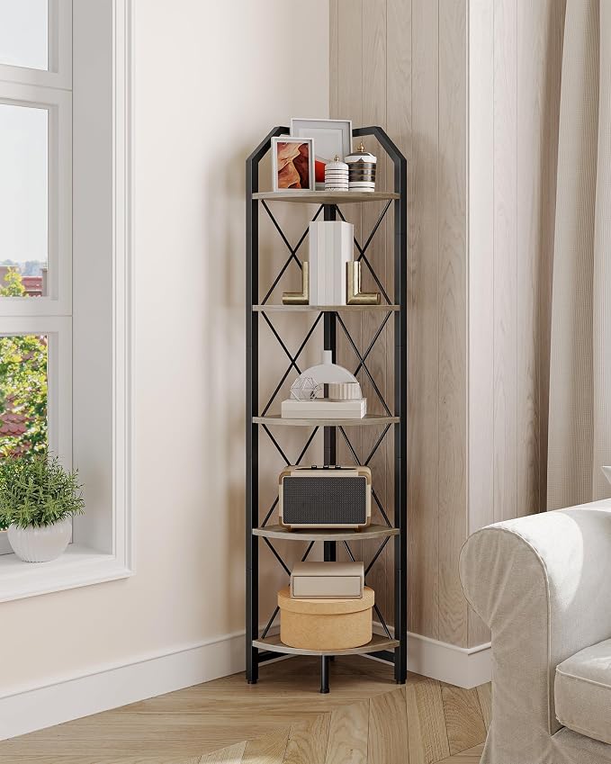 CHOEZON 5-Tier Corner Shelf, Industrial Corner Bookshelf, 59.4" Corner Storage Stand, Plant Stand Display Shelf, Corner Bookcase for Bedroom, Living Room, Home Office, Greige and Black TCJ10BG - Image 5