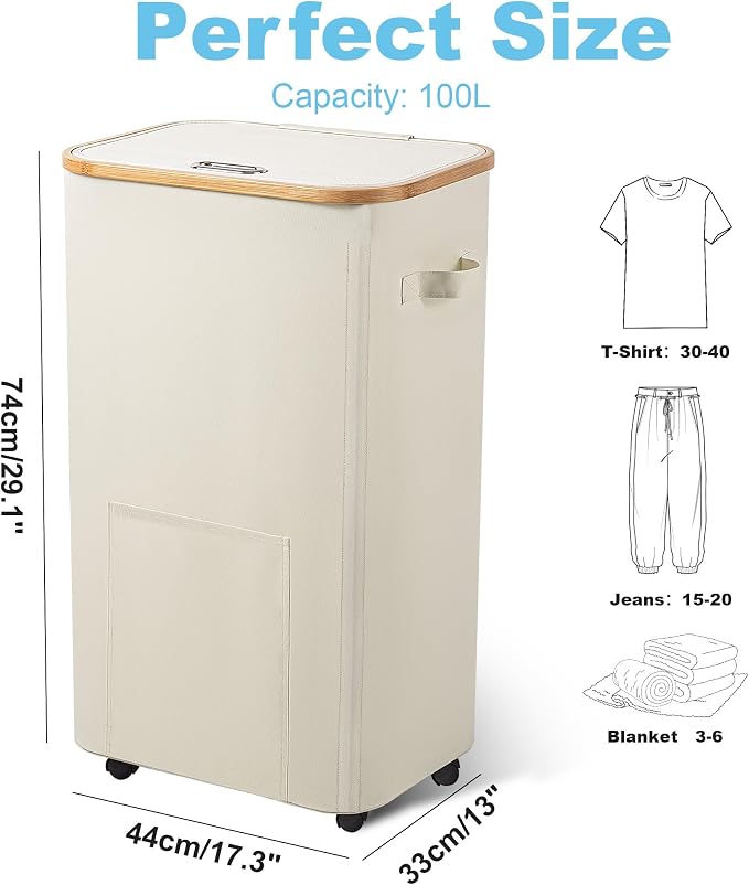 Vincona Laundry Basket with Wheels, Tall Dirty Clothes Hamper on Wheels, Rolling Laundry Hamper with lid for Dorm, Bedroom and Bathroom (Beige, 100L) - Image 2