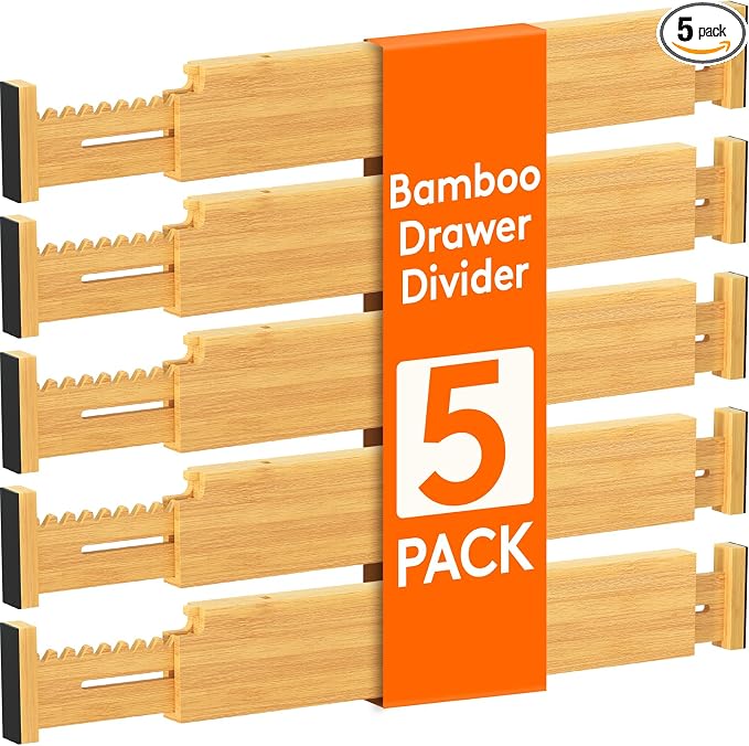 Lifewit 2.36" High 5 Pack Bamboo Drawer Dividers, 14.2-22" Expandable Kitchen Drawer Dividers, Adjustable Drawer Dividers for Clothes, Drawer Separators for Dresser, Kitchen, Bedroom, Bathroom by Lifewit