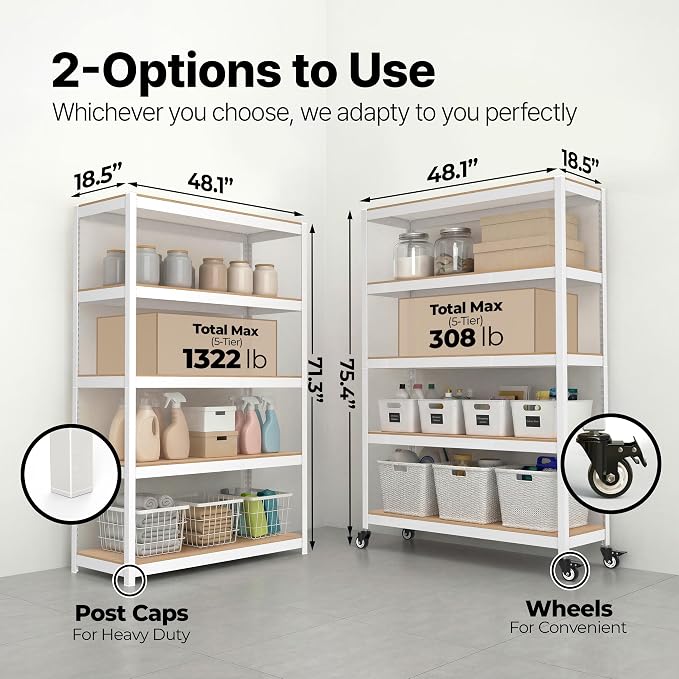 HOMEDANT House 48.1" 5-Tier Metal Rolling Cart Shelf Rack Casters Heavy Duty Laminated Wheel Shelving Unit Adjustable Utility Storage Shelves Shelf Kitchen Garage White 1Pack - Image 2