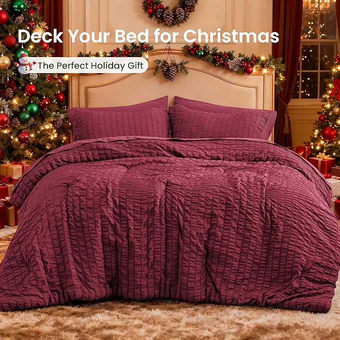 Love's cabin Seersucker Burgundy Twin XL Comforter Set, 5-Piece All Season Lightweight Bed in a Bag Bedding Set with Comforter, Flat Sheet, Fitted Sheet, Pillowcase and Sham | Soft, Breathable, Lightweight