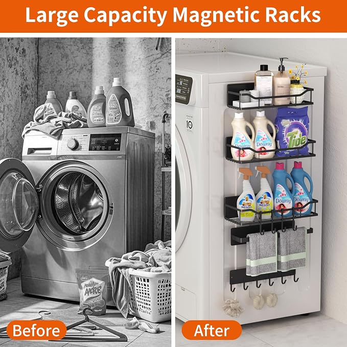 Magnetic Spice Rack,Multifunctional Magnetic Shelf for Washing Machine,Refrigerator,Microwave,and Any Metal Surface,Powerful Magnetic Shelves Include Magnetic Paper Towel Holder (5 pcs - Black) - Image 4