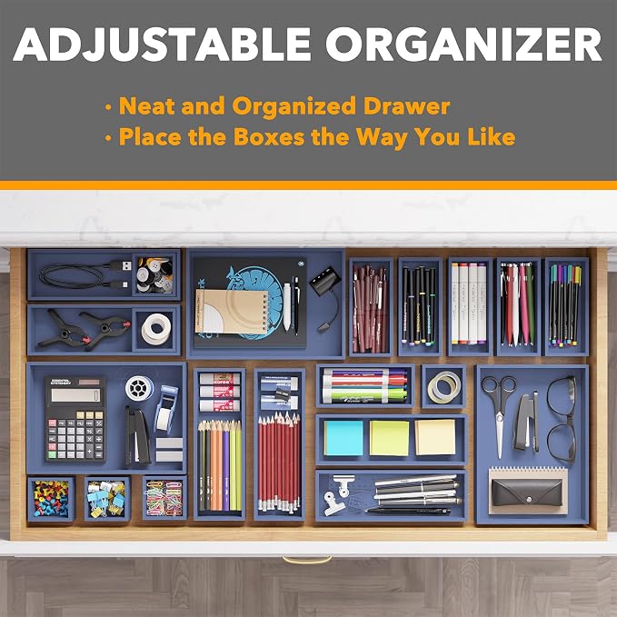 SpaceAid 21-Piece Bamboo Drawer Organizer Storage Boxes Set, Wood Tray Junk Drawer Organizers Multi-Use Divider Bins for Kitchen, Bathroom, Office Desk and Makeup Organization (21 Pack, Navy Blue) - Image 5