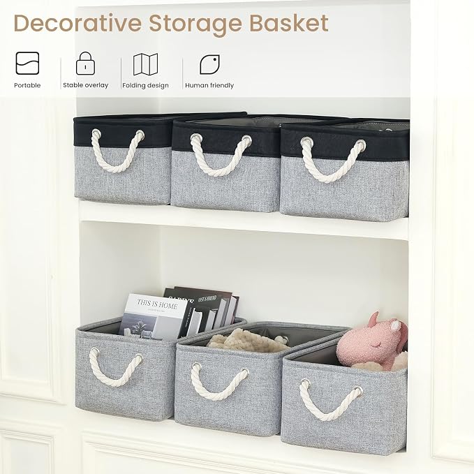 Storage Baskets for Shelves 13.8x9.8x6.7 Inch, Foldable Fabric Storage Bins with Handles, Small Storage Baskets for Organizing Closet, Office, Home Organization (1-Pack, Gray) - Image 5