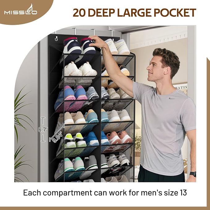 MISSLO 30 Pairs Over the Door Shoe Organizer Breathable Mesh Hanging Shoe Rack for Closet Storage with Wide Deep Pockets 10 Tier Shoes Holder Fit All the Family's Sneakers, Boots, Heels (Black, 71") - Image 5