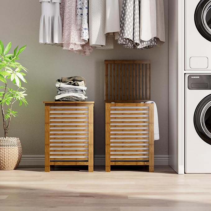SMIBUY Double Laundry Hamper with Lid, 120L Bamboo Laundry Basket with Removable Liner Bag, 2-Section Clothes Divider Laundry Sorter for Laundry Room, Bathroom, Bedroom (Walnut) - Image 9