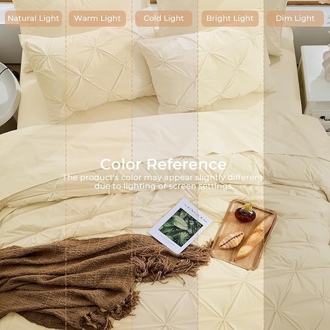 Sasttie California King Comforter Set, 7-Piece Bed in a Bag, Pintuck Bedding Sets for All Season, Includes Comforter, Flat Sheet, Fitted Sheet, Pillowcases and Pillowshams, Pale Yellow