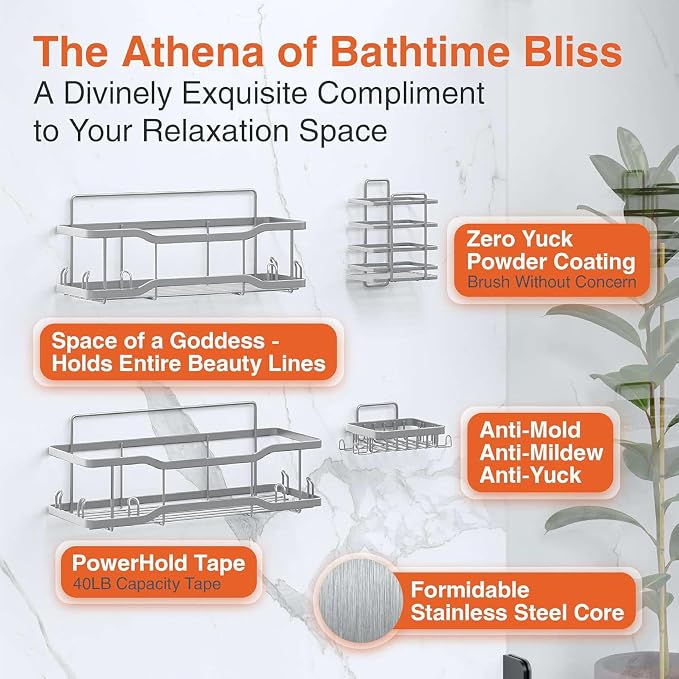 Shower Caddy Bathroom Shelves, The Athena Silken 4 Set, 40LB Capacity, Adhesive Tape No Drill - Rustproof -Gorgeous Powder Coated 304 Stainless Steel Shower Organizer for kitchen & Home Decor - Silver - Image 7