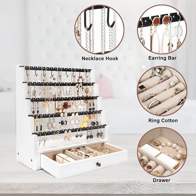 Pinzoveco Earring Organizer, 5 Layer Earring Holder Organizer with Necklace Holder Pole, Rustic Wood Jewelry Organizer Stand Display for Stud Earring Bracelet Necklace Ring, 175 Earring Holes - Image 5