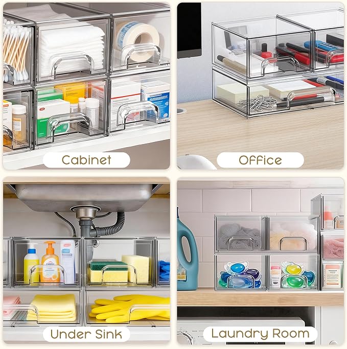 Criusia Stackable Storage Drawers, 4 Pack Clear Plastic Makeup & Bathroom Organizer, Versatile Storage Bins for Vanity, Under Sink, Kitchen Cabinets & Pantry - Image 7