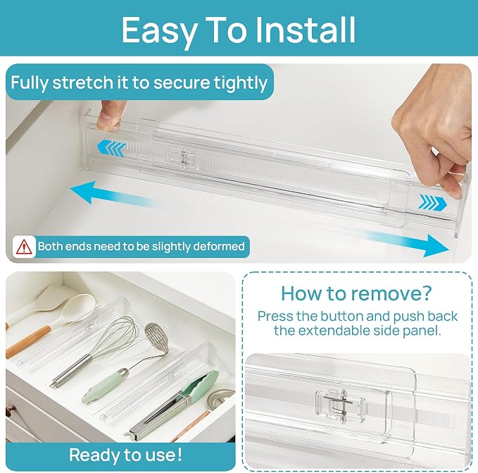 Vtopmart 4 Pack Shallow Drawer Dividers, 2.36" High 12.5"-20.8" Adjustable Expandable Kitchen Drawer Organizer, Clear Plastic Organizer Separators for Flatware, Utensil, Cutlery, Underwear, Clothes - Image 4