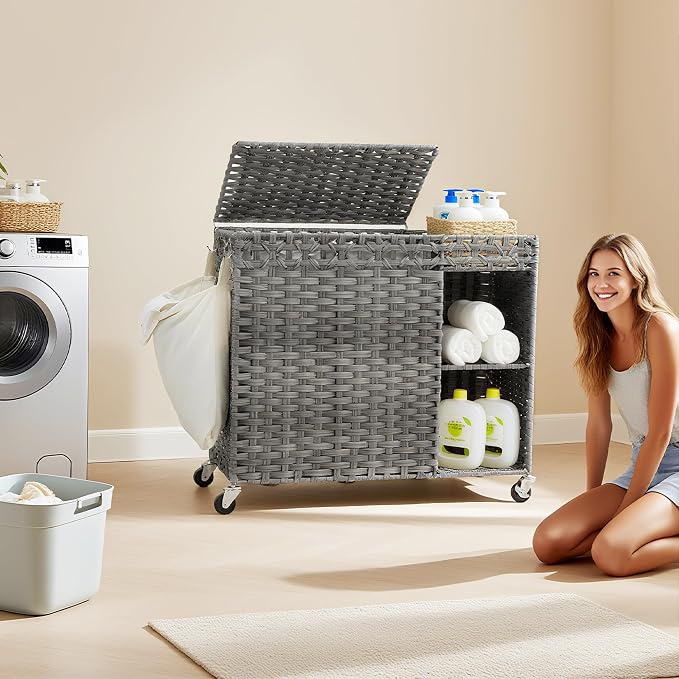 Laundry Hamper with Lid, 160L Rattan Wicker Laundry Basket with Wheels, Handwoven Laundry Hamper 3-Section with Storage shelf(42.3 Gal), Laundry Sorter Basket with Removable Liner, GreyHLH033G - Image 9