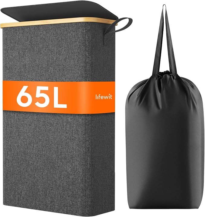 Lifewit 65L Slim Laundry Hamper with Lid, Narrow Laundry Basket with Removable Bag & Bamboo Handles, Fodable Thin Dirty Clothes Hamper for Laundry Collapsible Bin for Bathroom Bedroom Dorm, Dark Gray by Lifewit