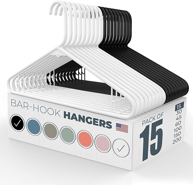 Neaties Plastic Hangers 15 Pack - Made in the USA - 6lb Capacity Standard Clothes Hangers with Strap Hooks for Dresses, Lingerie, Shirts, Pants, and Jackets - White & Black by NeatiesHangers
