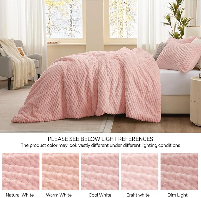 Fluffy King Comforter Set - Luxury Fuzzy Brushed Plaid Pattern Bedding Comforter Sets, Fluffy Velvet Comfort Set Pink, 3 Pieces, Soft Winter Comforter King