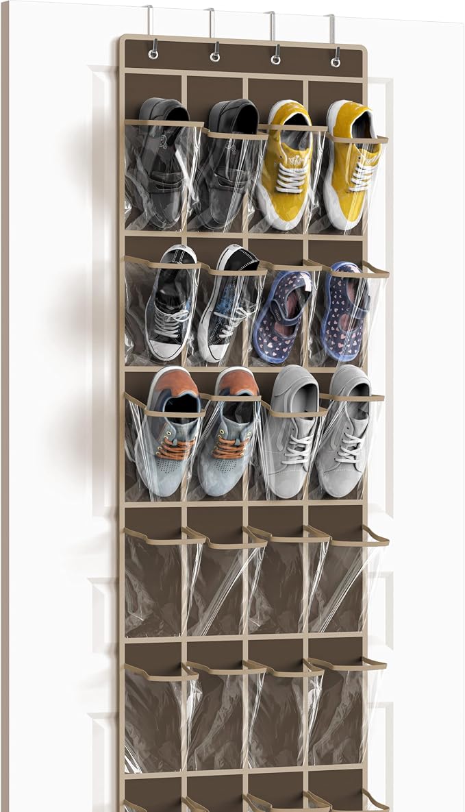 Simple Houseware 24 Pockets - Crystal Clear Over The Door Hanging Shoe Organizer, Brown (64'' x 19'') by SimpleHouseware