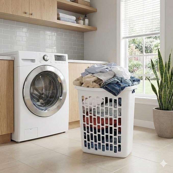 Bushel Laundry Hamper, Slim Rectangular Ventilated Plastic Clothes Basket, Heavy Duty Washing Bin With Reinforced Handles for Bathroom, Dorm, and Closet Organization, White, 1 Pack - Image 6