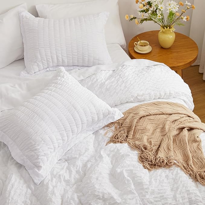 Love's cabin Seersucker White Twin Comforter Set, 5-Piece All Season Lightweight Bed in a Bag Bedding Set with Comforter, Flat Sheet, Fitted Sheet, Pillowcase and Sham | Soft, Breathable, Lightweight