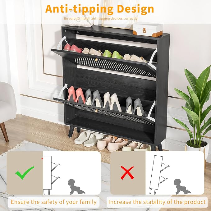 Fsbecl Shoe Storage Cabinet for Entryway with 2 Flip Drawers, Narrow Wood Shoe Cabinet with Fluted Panel, Freestanding Hidden Shoe Organizer for Foyer, Hallway (Black - No Shelf) - Image 7