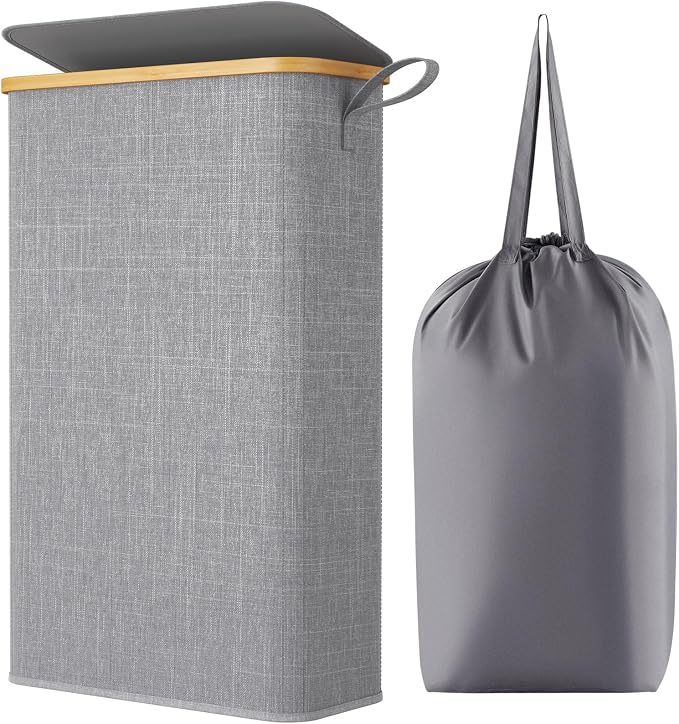 Lifewit 65L Slim Laundry Hamper with Lid, Narrow Laundry Basket with Removable Bag & Bamboo Handles, Fodable Thin Dirty Clothes Hamper for Laundry Collapsible Bin for Bathroom Bedroom Dorm, Gray by Lifewit
