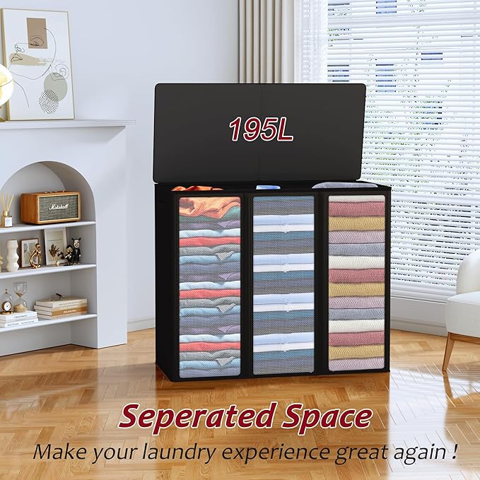 195L Laundry Hamper 3 Section,Large Laundry Hamper with Lid,Dirty Clothes Hamper with 3 Inner Bags,Collapsible Laundry Basket Organizer for Laundry Room,Bedroom,Laundry Sorter Hamper 3 Compartment - Image 4