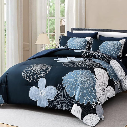 Yiran Navy Blue Floral Boho Comforter Set King Size 7 Pieces Bed in a Bag Flowers Soft Microfiber Bedding Set(1 Comforter 1 Flat Sheet 1 Fitted Sheet 2 Pillowshams 2 Pillowcases)