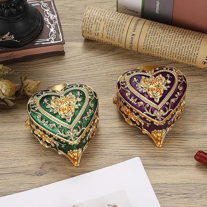 Hipiwe Decorative Jewelry Box Purple Vintage Jewelry Storage Case with Rose Pattern Heart Shaped Treasure Chest Box for Earrings Ring Necklace Keepsake Organizer - Image 7