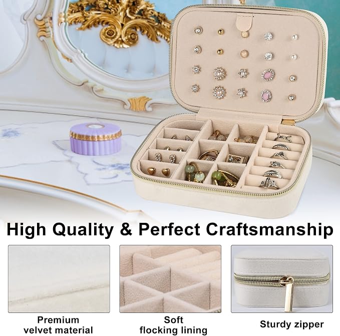 Dajasan Velvet Travel Jewelry Boxes, Small Travel Jewelry Case, Portable Travel Jewelry Organizer Box for Birthday Mother's Day Valentine's Day (Beige) - Image 4