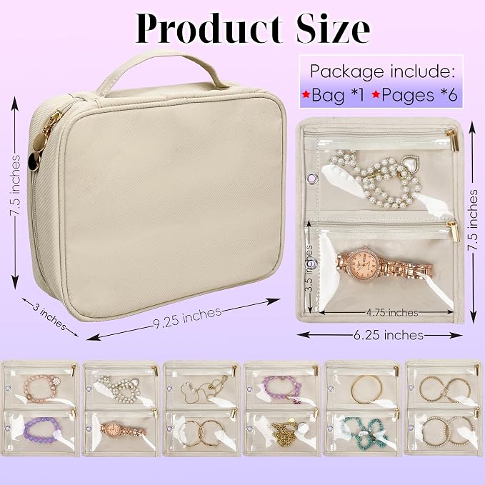 Travel Jewelry Organizer Case,Jewelry Bags for Traveling, Jewelry Binder with 24 Pcs Clear Zipper Velvet Pouches for Storing Earrings, Rings, Necklace, Bracelet, Watch (Beige) - Image 2