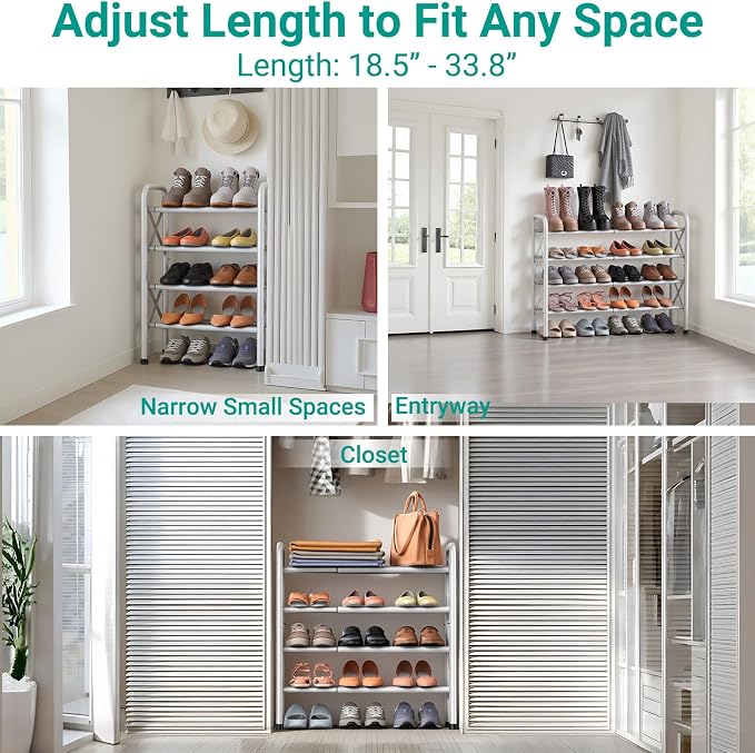 YEASHEIN 4-Tier Expandable Shoe Rack for Closet Floor, X-Frame Metal Small Shoe Rack for Entryway, Adjustable Shoe Shelf Organizer, Free Standing Shoe Racks for Front Door Entrance, Garage - White - Image 3