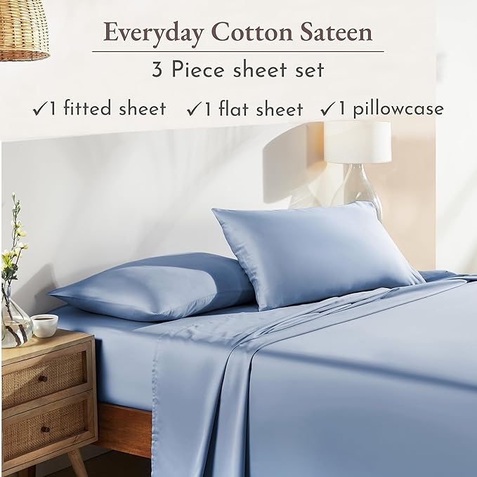 California Design Den Twin Sheets Set - Natural 100% Cotton Sheets with 12" Pockets, Soft Sateen Weave, Breathable and Durable Bedding Set for Dorm Rooms, College (Blue Hydrangea)