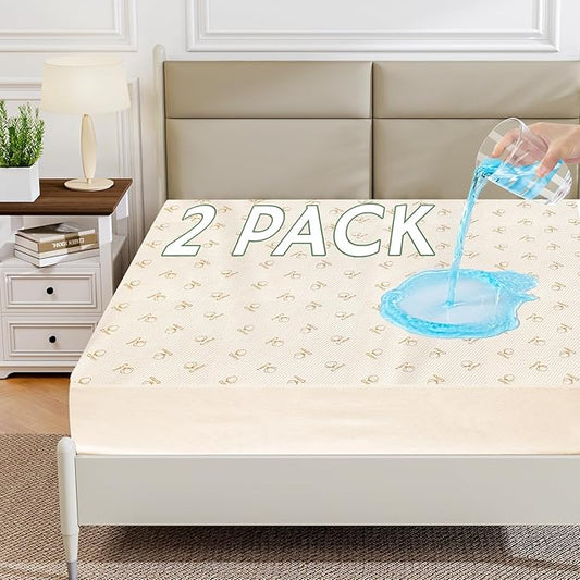 2 Pack Queen Size Mattress Protector Waterproof, Breathable Cotton Terry Bed Pad Cover, Deep Pocket Fitted Sheet for 8-24 Inch Mattress