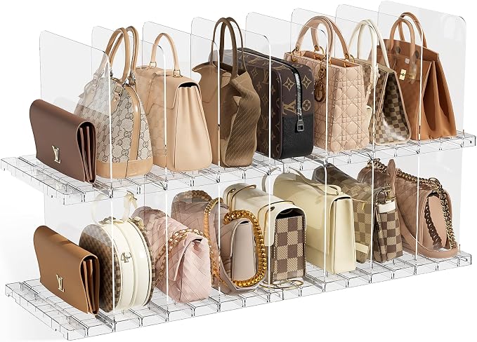 JOYZAN Stackable Purse Organizer for Closet, Adjustable Shelf Dividers for Closet Organizer Clear Acrylic Closet Purse Organizer Detachable Handbag Storage Separator Dividers for Home, Office - 4 Pack by MakeYourHomeOrganizedTidy