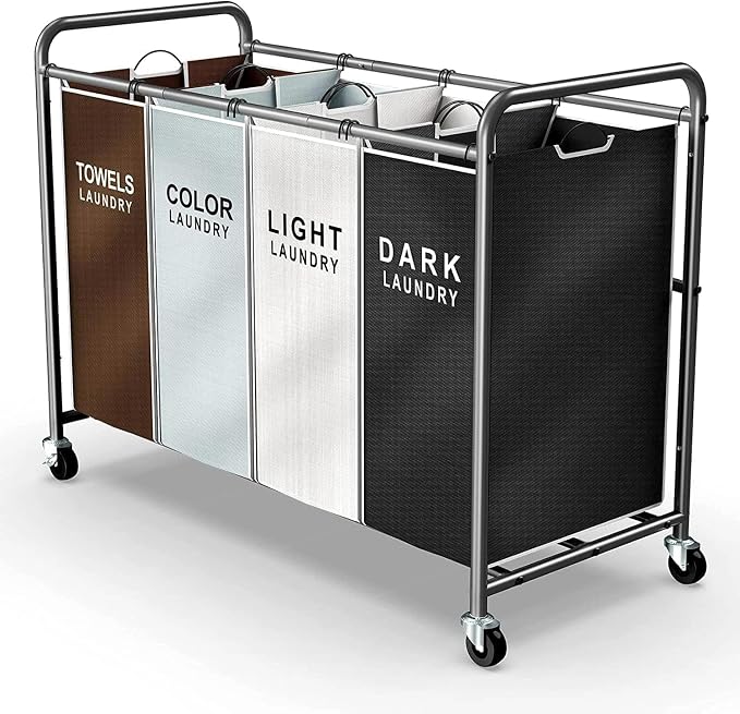 ROMOON Laundry Hamper Sorter Cart: 4-Section Organizer with Heavy-Duty Lockable Wheels and Removable Bags | 180L Rolling Laundry Basket for Dirty Clothes in Laundry Room or Small Spaces (Multicolor) by ROMOON