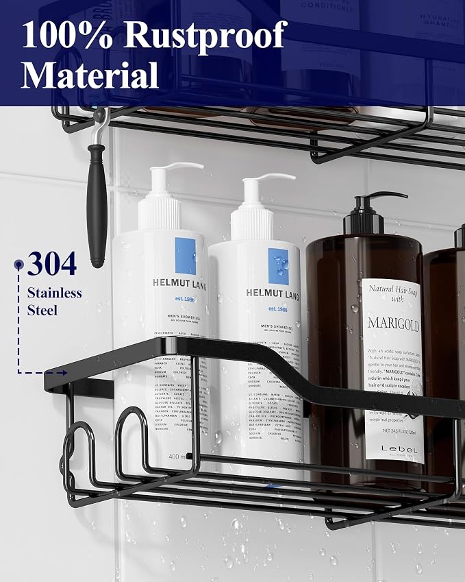 Kitsure Shower Caddy Large - Adhesive Shower Organizer, Stainless Steel Shelf for Inside Shower, No Drill Bathroom Organizers and Storage, Home Decor Accessories, 2 Pack, Black - Image 6