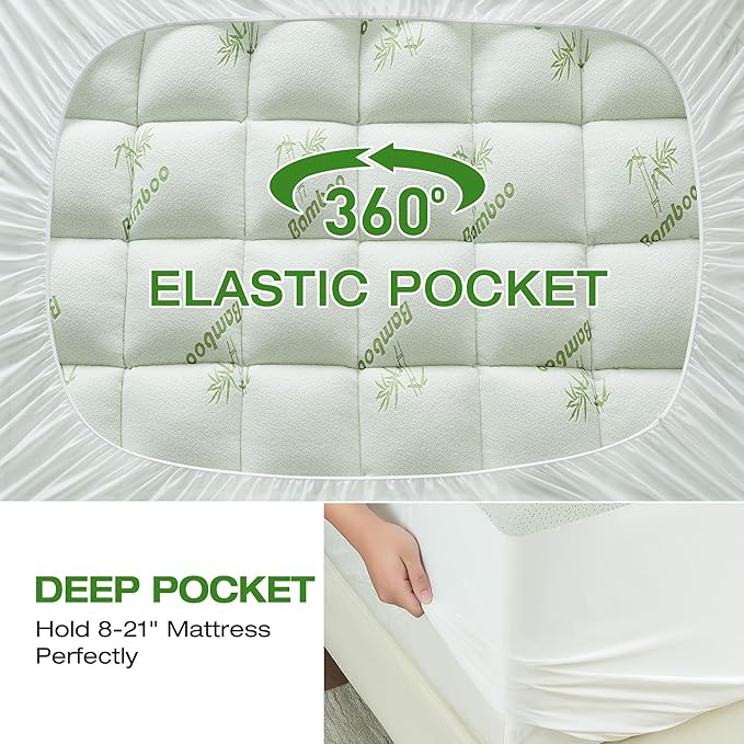 Mattress Topper Viscose Derived from Bamboo Twin XL Size, Soft Thick Pillow Top Mattress Pad Cover for Back Pain, Cooling Mattress Protector with 8-21 Inch Deep Pocket, White & Green