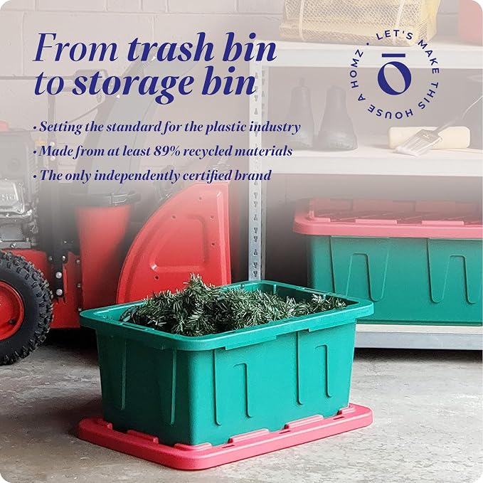 HOMZ 2-Pack Durabilt, Heavy Duty Plastic Storage Bins with Lids, 15 Gallon, Green/Red - Stackable Container Boxes for Holiday, Attic, and Garage Organization - Image 8