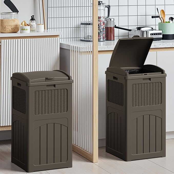 Devoko 33 Gallon Outdoor Trash Can with Dual Lid, Heavy Duty Waterproof Resin Garbage Bins Outside, Hideaway Waste Bins for Patio, Outside Pool, Backyard and Deck (2, Deep Brown) - Image 5
