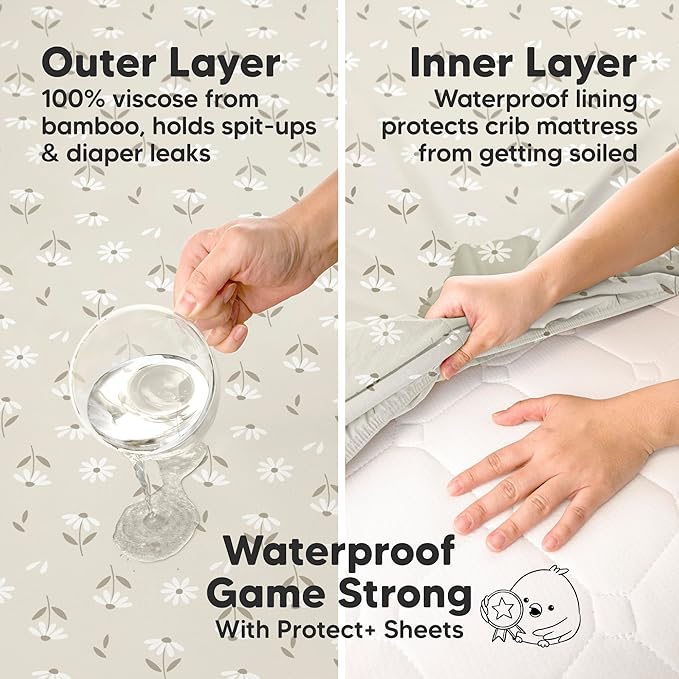 2-Pack Waterproof Baby Crib Sheets for Boys, Girls - 52x28 Viscose Derived from Bamboo Toddler Bed Sheet Neutral, Fitted Crib Mattress Protector Cover for Baby Bedding, Soft & Gentle (Daisies)