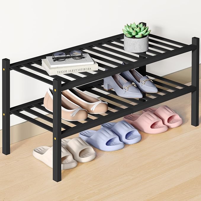 Smiry Bamboo Shoe Rack for Closet, 2 Tier Wooden Stackable Shoe Organizer, Free Standing Shoes Storage Shelf for Entryway, Front Door Entrance, Black by Smiry