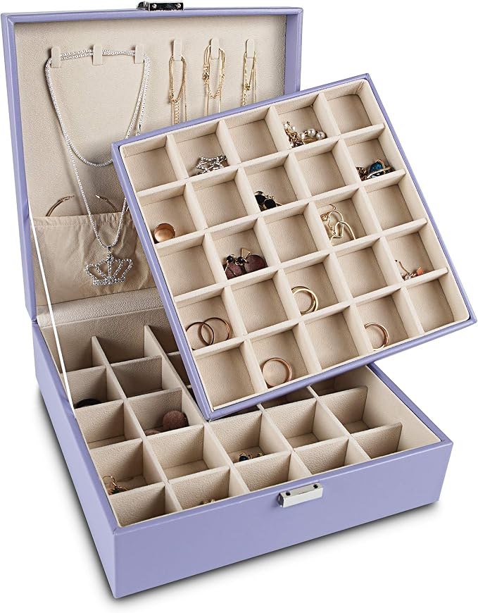 Frebeauty Earring Organizer Classic Jewelry Box 50 Slots Double Layer Jewelry Storage Case with 6 Necklace Hook and Bracelet Pocket(Purple) by Frebeauty