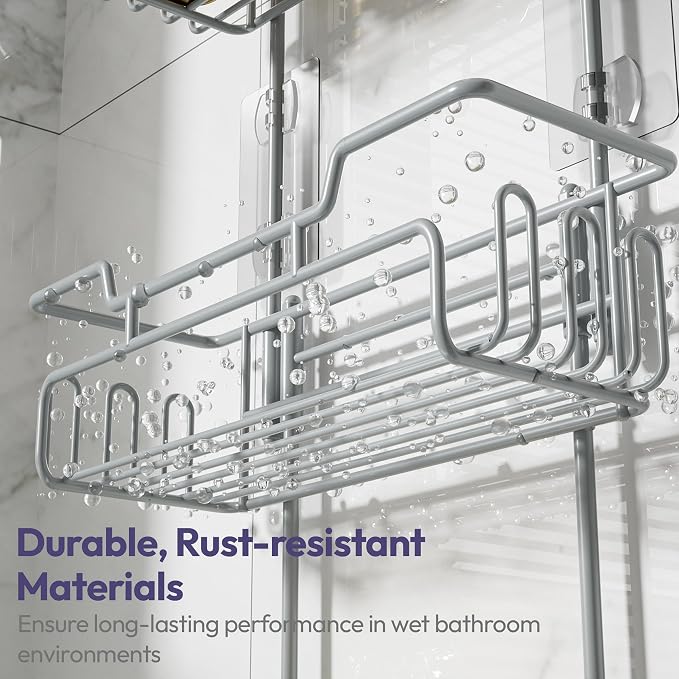 SWTYMIKI Bathroom Shower Caddy Hanging - 3 Tier Rustproof Over Shower Head Organizer, No Drilling Bathroom Shelf with 16 Hooks & Soap Holder, Anti-Swing Rack for Shampoo,Sponge,Towel, Silver, Medium - Image 6