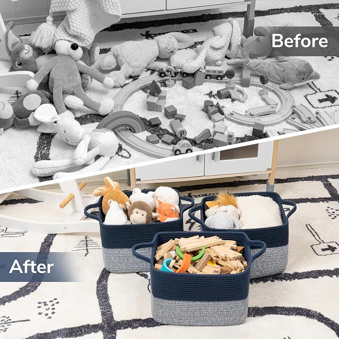 Goodpick Woven Storage Baskets for Organizing, Cotton Rope Organizer for Living Room, Closet Storage Bins for Toys Books, Rectangle Laundry Basket with Handles, 13"x10"x9", Black & Gray - Image 7